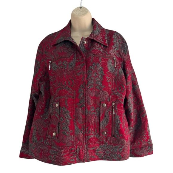 Chicos Women's Sz 2 (Large) Red Gray Abstract Floral Print Snap Front Jacket - Picture 1 of 11